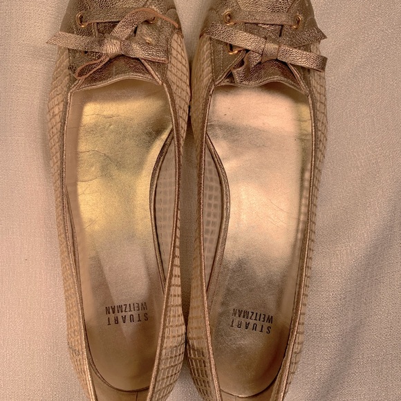 Stuart Weitzman gold & cream leather sneakers Mojave loafers obsessorize sole - Picture 2 of 15